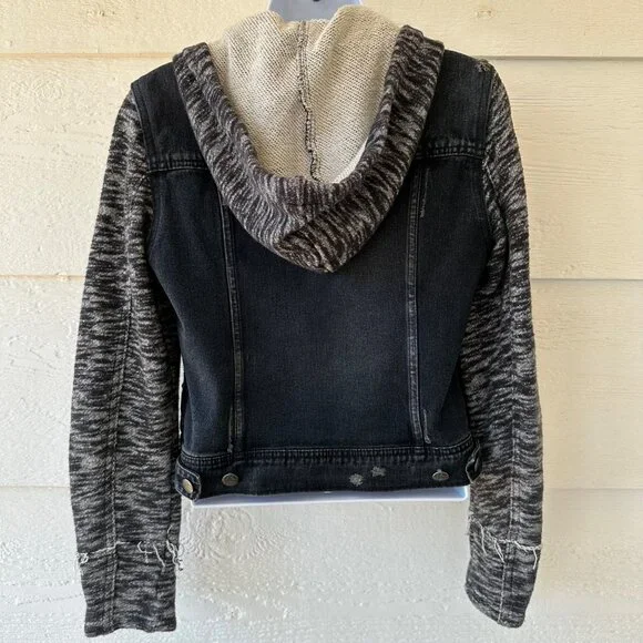 Free People Sz S/P Denim Jacket Hooded Black Button Front Manufactured Distress - Picture 6 of 14
